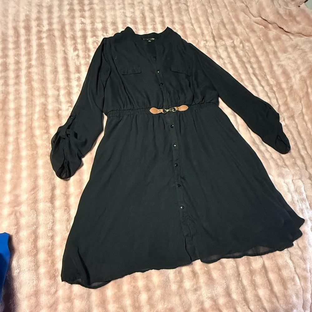 Black Button-Front Shirt Dress with Belt